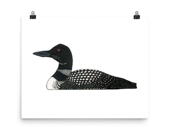 Pode incluir: Uma ilustração em preto e branco de um mergulhão com olhos vermelhos. O mergulhão está nadando com a cabeça virada para o lado.