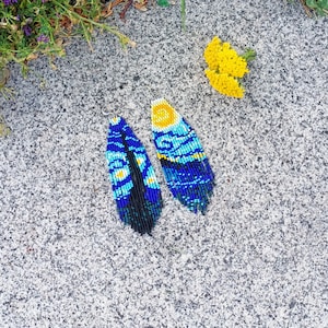 Starry Night Beaded Earring, Fringe Long Earring, Van Gogh Sead Bead Jewelry,Artistic Earrings, Art Lover Gift,Modern Ombre Autumn Earrings