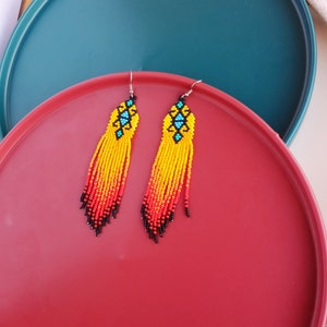 Yellow Beaded Fringe Earrings, Long Sead Bead Bohem Earrings, Dainty Dangle Jewelry