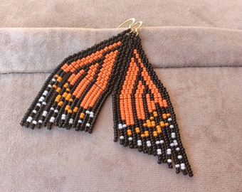 Butterfly Orange Beads Fringe Earrings, Monarch Butterfly Seed Bead Woven Earrings, Wings Embroidery Dainty Chic Earrings