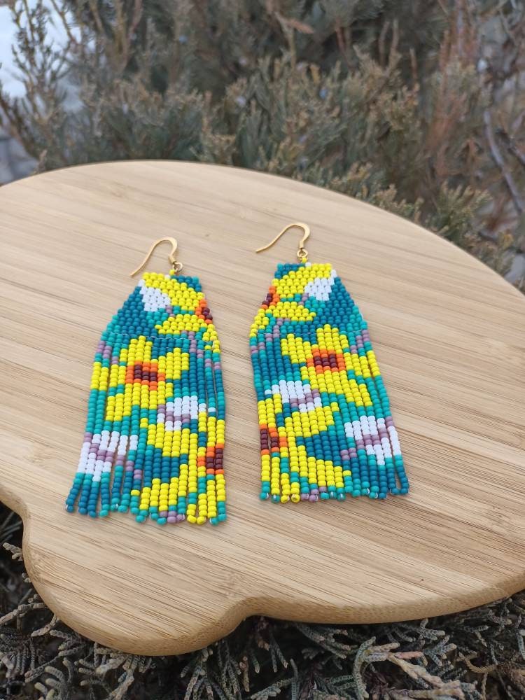 Miyuki Seed Bead Flower Earrings: Turquoise Green Fringe Dangle Earrings