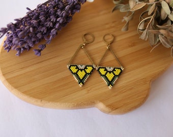 Miyuki Bead Triangle Earrings: Brick Stitch Brass Dangles