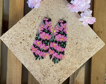 Flower Seed Bead Fringe Earrings: Pink Boho Style