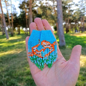 Koi Fish Beaded Earrings, Seed Bead Fringe Koi Earring, Seeded Long Earrings