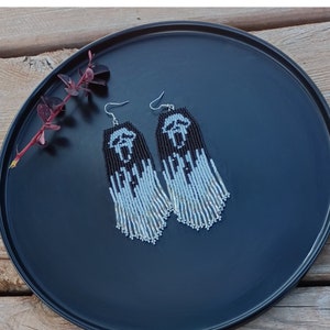 Halloween Ghost Face Beaded Fringe Earrings: Seed Bead Jewelry