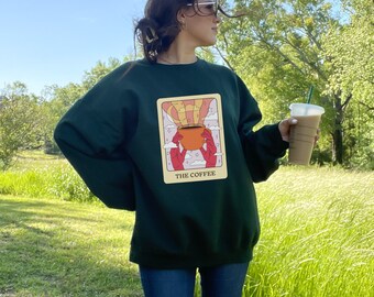 El cuello redondo de la tarjeta del tarot del café, sudadera de cuello redondo de mezcla pesada unisex, suéter, cuello redondo, suéter de café, suéter divertido, suéter de la tarjeta del tarot