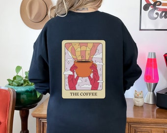 El cuello redondo de la tarjeta del tarot del café, sudadera de cuello redondo de mezcla pesada unisex, suéter, cuello redondo, suéter de café, suéter divertido, suéter de la tarjeta del tarot