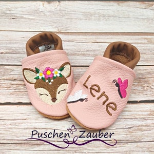 Organic leather slippers with name for baby and children (eco crawling shoes leather slippers) deer head gift birth baptism girl boy Christmas