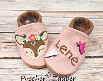 Organic leather slippers with name for baby and children (eco crawling shoes leather slippers) deer head gift birth baptism girl boy Christmas