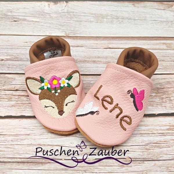 Bio Lederpuschen mit Namen für Baby und Kinder (Öko Krabbelschuhe Lederpatscherl) Reh Kopf Geschenk Geburt Taufe Mädchen Bub Weihnachten