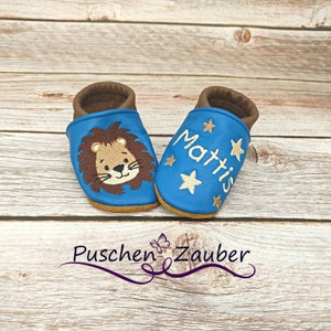 Organic leather slippers with names for babies and children (eco crawling shoes Lederpatscherl) lion gift for birth and christening girl boy