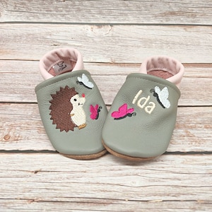 Organic leather slippers with name for baby and children (eco crawling shoes leather slippers) hedgehog girl gift for birth and baptism girl boy