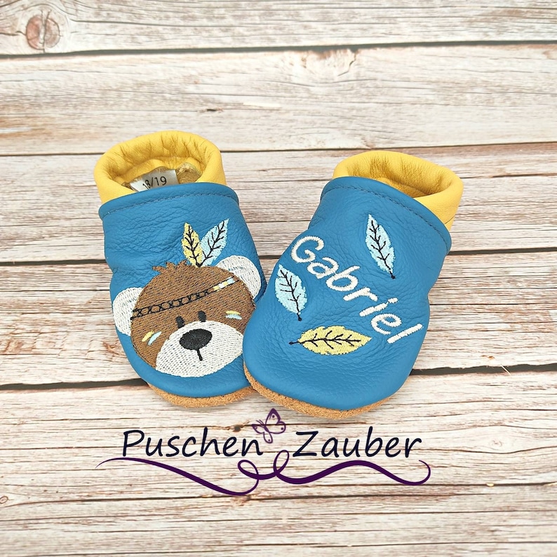 Organic leather slippers with name for baby and children eco crawling shoes leather slippers Boho Indian bear gift birth and baptism girl boy image 5