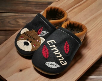 Organic leather slippers with names for babies and children (eco crawling shoes Lederpatscherl) Indian bear gift birth baptism girl boy
