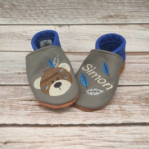 Organic leather slippers with name for baby and children eco crawling shoes leather slippers Boho Indian bear gift birth and baptism girl boy image 9