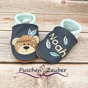 Organic leather slippers with name for baby and children eco crawling shoes leather slippers Boho Indian bear gift birth and baptism girl boy image 6