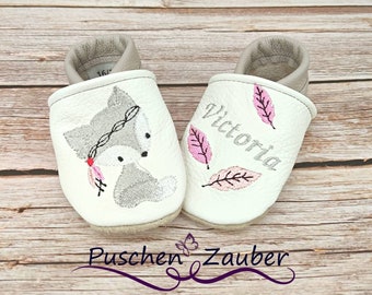 Organic leather slippers with names for babies and children (eco crawling shoes Lederpatscherl) fox gift for birth and christening girl boy
