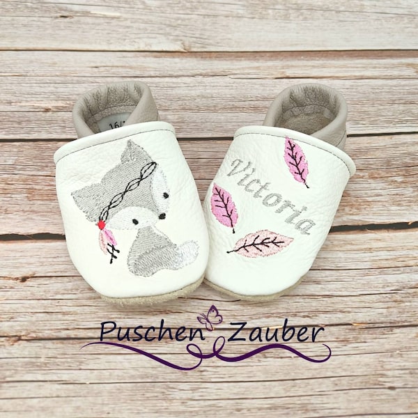 Bio Lederpuschen mit Namen für Baby und Kinder (Öko Krabbelschuhe Lederpatscherl) Fuchs Geschenk zur Geburt und Taufe Mädchen Bub