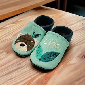 Organic leather slippers with name for baby and children (eco crawling shoes leather slippers) Indian bear gift birth baptism girl boy