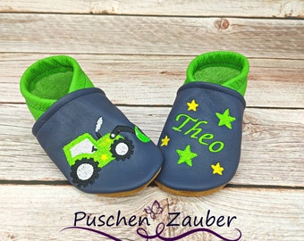 Organic leather slippers with names for babies and children (eco crawling shoes Lederpatscherl) tractor shovel gift for birth and christening girl boy