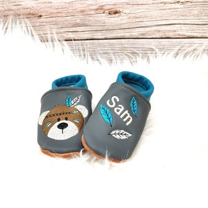 Organic leather slippers with name for baby and children (eco crawling shoes leather slippers) Indian bear gift birth baptism girl boy