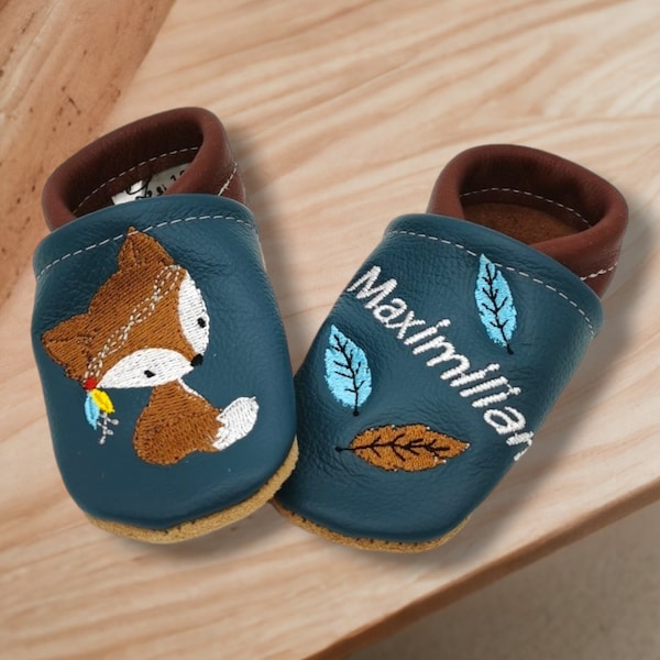 Poupées en cuir bio avec noms pour bébés et enfants (chaussures d'éveil écologiques en cuir patscherl) renard cadeau naissance baptême fille garçon