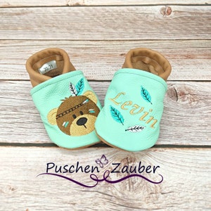 Organic leather slippers with name for baby and children (eco crawling shoes leather slippers) Indian bear gift birth baptism girl boy Christmas