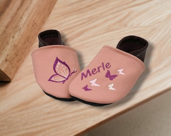 Poupées en cuir bio avec noms pour bébés et enfants (chaussures d'éveil écologiques en cuir patscherl) papillon cadeau naissance baptême fille garçon