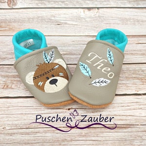 Organic leather slippers with name for baby and children eco crawling shoes leather slippers Boho Indian bear gift birth and baptism girl boy image 4
