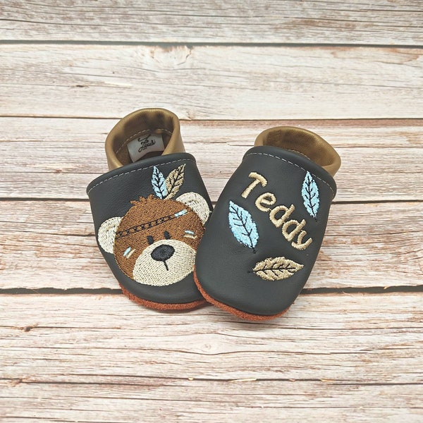 Organic leather slippers with name for baby and children (eco crawling shoes leather slippers) Boho Indian bear gift birth and baptism girl boy
