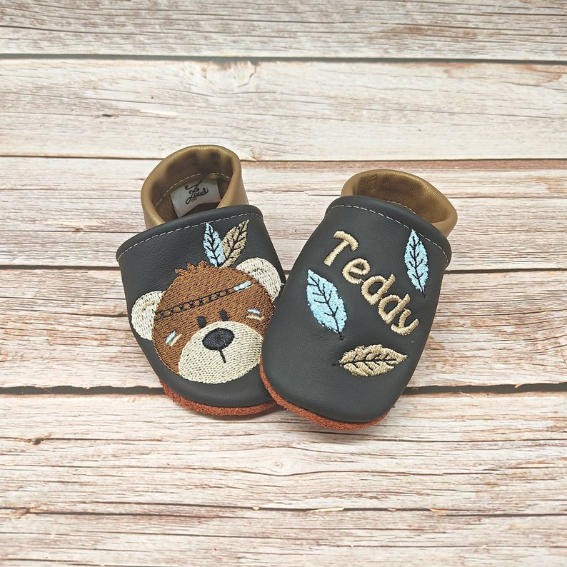 Organic leather slippers with name for baby and children eco crawling shoes leather slippers Boho Indian bear gift birth and baptism girl boy image 1