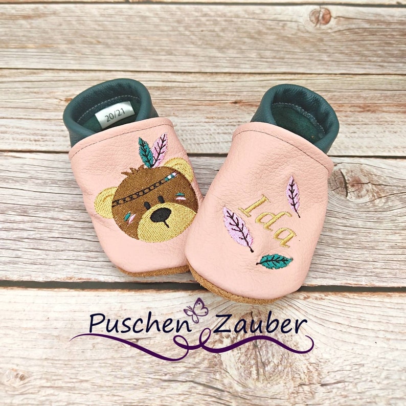 Organic leather slippers with name for baby and children eco crawling shoes leather slippers Boho Indian bear gift birth and baptism girl boy image 7