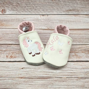 Organic leather slippers with name for baby and children (eco crawling shoes leather slippers) Unicorn gift for birth and baptism girl boy