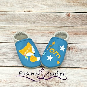 Organic leather slippers with name for baby and children (eco crawling shoes leather slippers) fox gift for birth baptism girl boy Christmas