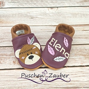 Organic leather slippers with name for baby and children (eco crawling shoes leather slippers) Indian bear gift for birth and baptism girl boy