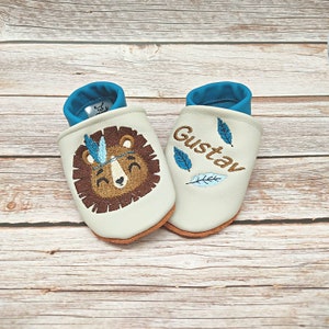 Organic leather slippers with name for baby and children (eco crawling shoes leather slippers) Boho lion gift for birth and baptism girl boy