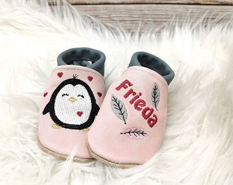 Organic leather slippers with names for babies and children (eco crawling shoes Lederpatscherl) penguin gift birth baptism girl boy