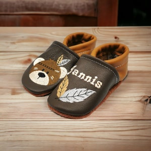 Organic leather slippers with name for baby and children (eco crawling shoes leather slippers) Indian bear gift birth baptism girl boy