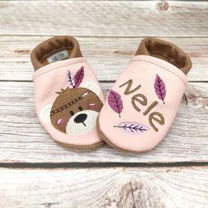 Organic leather slippers with name for baby and children (eco crawling shoes leather slippers) Boho bear gift for birth and baptism girl boy