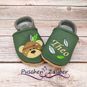 Organic leather slippers with name for baby and children eco crawling shoes leather slippers Boho Indian bear gift birth and baptism girl boy image 8