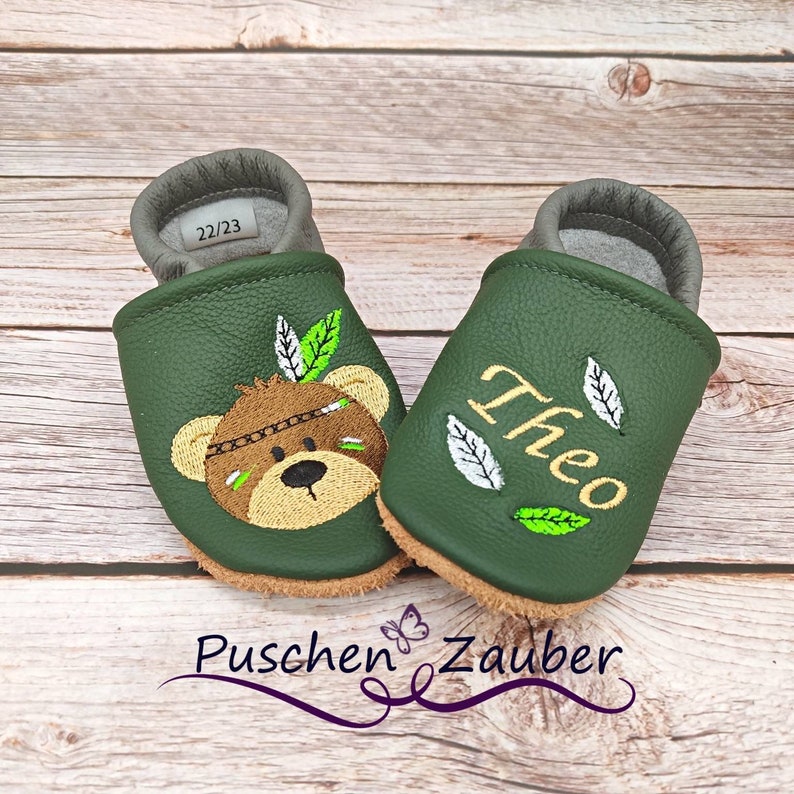 Organic leather slippers with name for baby and children eco crawling shoes leather slippers Boho Indian bear gift birth and baptism girl boy image 8