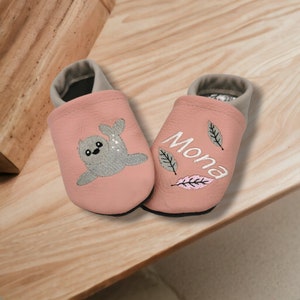 Organic leather slippers with name for baby and children (eco crawling shoes leather slippers) seal gift birth baptism girl boy