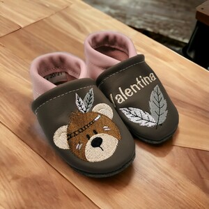Organic leather slippers with name for baby and children (eco crawling shoes leather slippers) Indian bear gift birth baptism girl boy
