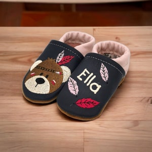 Organic leather slippers with name for baby and children (eco crawling shoes leather slippers) Indian bear gift for birth and baptism girl boy