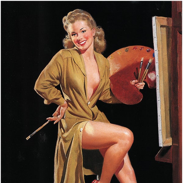 Al Buell a créé une blonde sexy sur son tabouret avec un pinceau et un chevalet Années 40-50 11 x 14