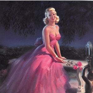 Art Frahm creó esta hermosa rubia con un vestido rosa con volantes de los años 40 o 50 11 x14