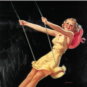 Al Buell Created Cute Blonde on a Swing  40&#39;s or 50&#39;s 11 x14