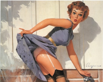 Gill  Elvgren Created Cute Redhead Getting Sprinklered  40's or 50's 11 x14