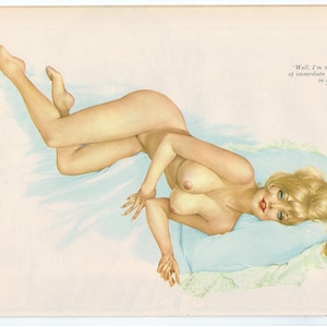 Vargas Playboy May 1970 Gorgeous Blue eyed Blonde laying on a Blue Pillow 8x11