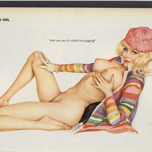 Vargas Playboy Mar 1975 Gorgeous Blonde in Pink Hat and colorful top 8x11